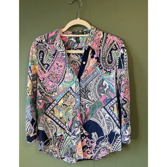 Ralph Lauren LRL Blouse Womens Medium 100% Cotton AOP Paisley Multicolor Shirt - Picture 6 of 9